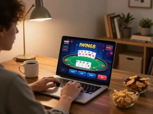 IWIN68 player engaging in online casino gaming, cozy home setup with laptop and snacks