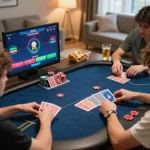 Players engaged in an online poker game at home, showcasing tr88 platform interface and strategic betting action.