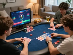Players engaged in an online poker game at home, showcasing tr88 platform interface and strategic betting action.