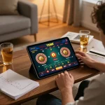 Engaging in betting on TG88 through a tablet, showcasing vibrant live casino games in a cozy atmosphere.