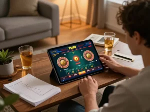 Engaging in betting on TG88 through a tablet, showcasing vibrant live casino games in a cozy atmosphere.