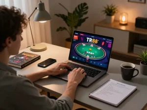 Engaging online poker gameplay at TR88, showcasing a player managing their strategy on a laptop.