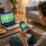 Betting on sports using the debet app in a modern living room, showcasing excitement and strategy