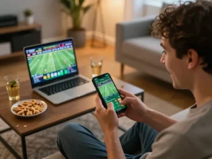 Betting on sports using the debet app in a modern living room, showcasing excitement and strategy