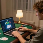Player engaged in online blackjack on 9bet with strategic focus and cozy atmosphere.