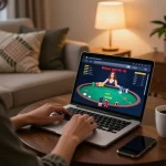 Engaging in poker gameplay on tg88 online casino platform in a cozy home setting.