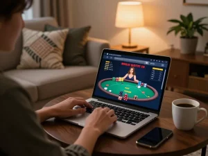 Engaging in poker gameplay on tg88 online casino platform in a cozy home setting.