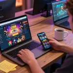 Engaged player using GO88 app on a laptop for an exciting online gambling experience.