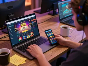 Engaged player using GO88 app on a laptop for an exciting online gambling experience.