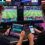 Excited individual betting on SBOBET with multiple screens displaying live sports