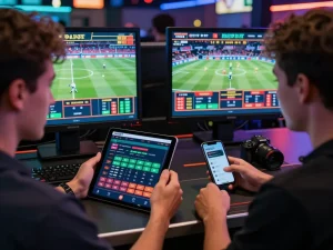 Excited individual betting on SBOBET with multiple screens displaying live sports