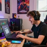 Promote Crickex affiliate program from an engaging home office with gaming elements.