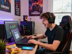 Promote Crickex affiliate program from an engaging home office with gaming elements.