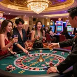 Exciting casino hong kong scene with friends celebrating at roulette table, vibrant atmosphere of Macau.
