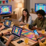 Exciting scene of friends enjoying JeetBangla lottery games with colorful tickets and live draws.