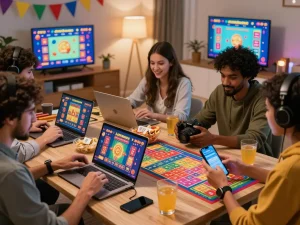 Exciting scene of friends enjoying JeetBangla lottery games with colorful tickets and live draws.