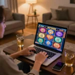 Sitting at home, a player enjoys situs slot gacor online, engaged with a laptop in a cozy environment.