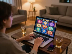 Sitting at home, a player enjoys situs slot gacor online, engaged with a laptop in a cozy environment.