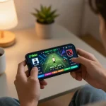Engaging gameplay on 8xbet app, immersing in sports betting in a cozy home setup.