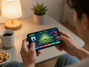 Engaging gameplay on 8xbet app, immersing in sports betting in a cozy home setup.