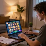 Player engaged with 988slot game on laptop in a cozy home setting, focusing on immersive gaming.