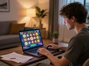 Player engaged with 988slot game on laptop in a cozy home setting, focusing on immersive gaming.