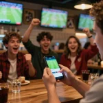 Experience live sports betting on Hi88 with friends cheering and smartphone interface visible