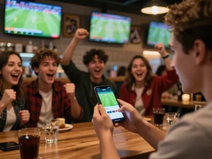 Experience live sports betting on Hi88 with friends cheering and smartphone interface visible