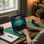 Engaging in strategic online gameplay at ku88, showcasing a cozy home setup with a laptop.