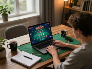 Engaging in strategic online gameplay at ku88, showcasing a cozy home setup with a laptop.