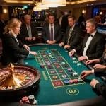 Engage in thrilling roulette gameplay at DU88 casino, with a croupier spinning the wheel and stylish players placing bets.