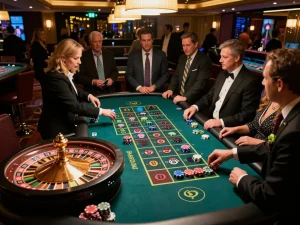 Engage in thrilling roulette gameplay at DU88 casino, with a croupier spinning the wheel and stylish players placing bets.