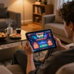 Engaged player enjoying tip88 online casino gaming on a tablet at home, showcasing immersive gameplay experience.
