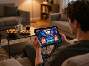 Engaged player enjoying tip88 online casino gaming on a tablet at home, showcasing immersive gameplay experience.