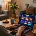 Player enjoying online gaming on hm88 platform from home setup, showcasing engaging gambling atmosphere.