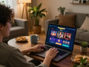 Player enjoying online gaming on hm88 platform from home setup, showcasing engaging gambling atmosphere.