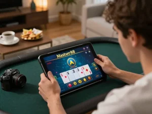 Permainan menarik master88 di tablet, menampilkan opsi taruhan dan kartu dalam suasana rumah yang mengundang.
