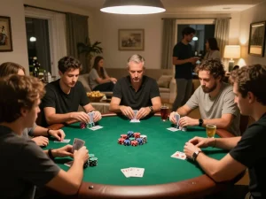 Players enjoying a thrilling poker game night at home with SpinAdvisor recommendations enhancing their strategy.