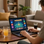 Orang menikmati permainan judi online ombak88 di laptop di ruang tamu yang nyaman.