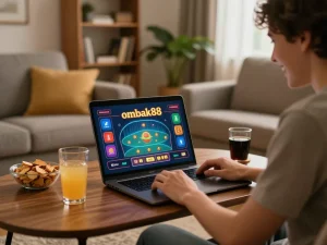 Orang menikmati permainan judi online ombak88 di laptop di ruang tamu yang nyaman.