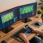 af88 sports betting setup with player managing live odds on multiple devices for strategic wagering.