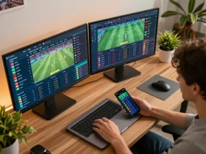 af88 sports betting setup with player managing live odds on multiple devices for strategic wagering.