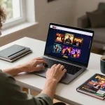 Engaging player using the bk8 casino interface on a laptop at home with strategy notes and coffee, creating a cozy gaming atmosphere.