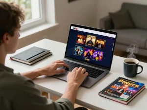 Engaging player using the bk8 casino interface on a laptop at home with strategy notes and coffee, creating a cozy gaming atmosphere.