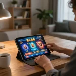 Engaging in SC88 online gaming with a tablet on a cozy setup, reflecting responsible gambling.