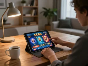 Engaging in SC88 online gaming with a tablet on a cozy setup, reflecting responsible gambling.