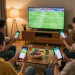 Friends immersed in sports betting using the tylebongda app while watching a live match