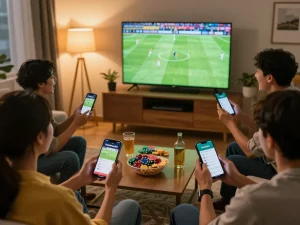 Friends immersed in sports betting using the tylebongda app while watching a live match