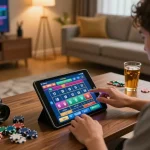 Pemain menikmati permainan toto togel yang mendebarkan di tablet yang ramping di lingkungan rumah yang nyaman.