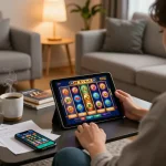 Engaging with slot 5k games using a tablet in a cozy home setting, showcasing bankroll management.
